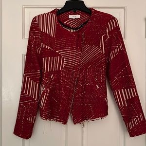 IRO red and ivory collarless asymmetrical jacket